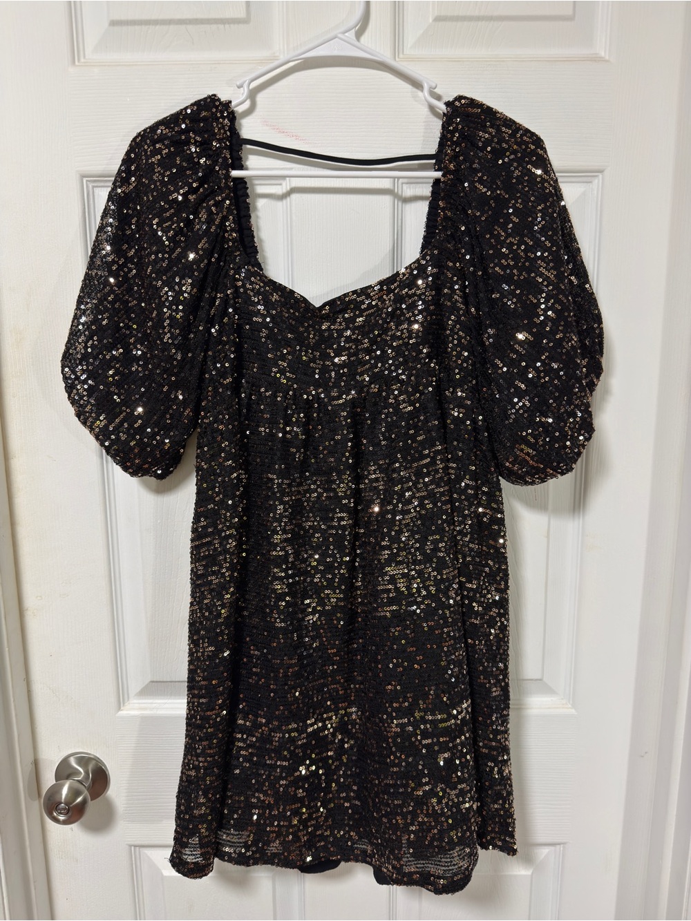 Together Black Sequin Puff-Sleeve Mini Dress with Gold Accents
